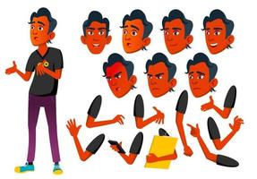 Teen Boy Vector. Teenager. Indian, Hindu. Asian. Funny, Friendship. Face Emotions, Various Gestures. Animation Creation Set. Isolated Flat Cartoon Character Illustration vector