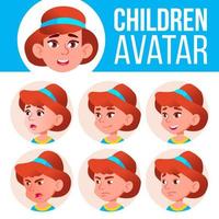 Girl Avatar Set Kid Vector. Kindergarten. Face Emotions. Emotional, Facial, People. Fun, Cheerful. Advertisement, Greeting. Cartoon Head Illustration vector