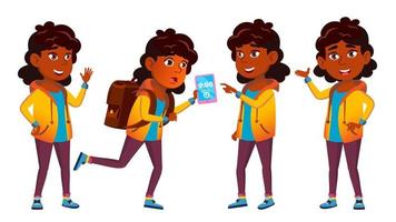 la chica india posa en un vector. niño de escuela primaria. educación. ropa casual. hindú. asiático. para publicidad, saludo, diseño de anuncios. ilustración de dibujos animados aislados vector