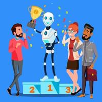 el ganador del robot ocupa el primer lugar del podio entre el vector de personas. ilustración aislada