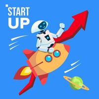 Robot Going By Space Rocket Vector. Start Up. Isolated Illustration vector