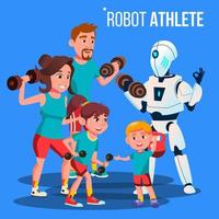 robot atleta entrenador personal de fitness con vector de pesas. ilustración aislada