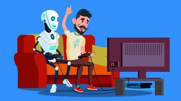 Robot Playing Video Game With Friend Vector. Isolated Illustration vector