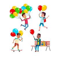 school kid boy with air balloon set vector