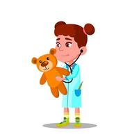 Little Girl In White Coat And Stethoscope Plays Doctor And Treats Her Toy Vector Flat Cartoon Illustration