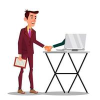 Businessman Shaking Hand Extended From Screen Of His Laptop Vector Flat Cartoon Illustration