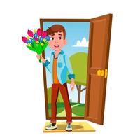 chico joven en la puerta abierta con flores y vector de regalo. ilustración aislada