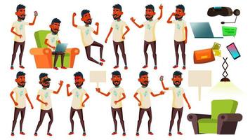 Teen Boy Poses Set Vector. Indian, Hindu. Asian. Friendly, Cheer. For Banner, Flyer, Brochure Design. Isolated Cartoon Illustration vector