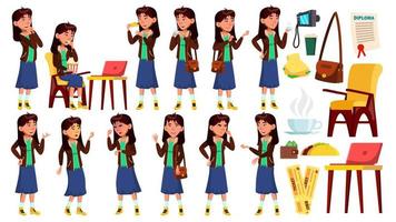 Asian Teen Girl Poses Set Vector. Emotional, Pose. Blue Skirt. For Advertising, Placard, Print Design. Isolated Cartoon Illustration vector