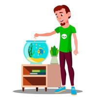 Teenager Feeding A Fish In Aquarium Vector. Isolated Illustration vector