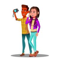 Teenage Friends Guy, Girl Take Selfie Together Vector. Isolated Illustration vector