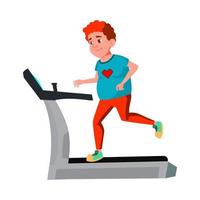 Fat Boy Teen Running On Treadmill In Gym Vector