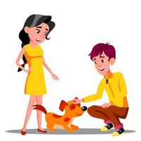 Teenager Petting The Dog In Park Vector. Isolated Illustration vector