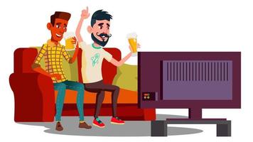 Two Friends Watching Football On The Couch And Drinking Beer Vector. Isolated Illustration vector