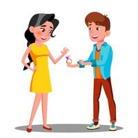 Young Man Gives An Engagement Ring To Happy Girl Vector. Isolated Illustration vector