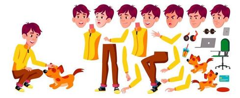Teen Boy Vector. Animation Creation Set. Face Emotions, Gestures. Active, Expression. Animated. For Banner, Flyer, Brochure Design. Isolated Cartoon Illustration vector
