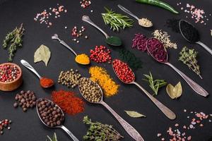 Several types of spices in metal spoons paprika, tomatoes, curry, beets, cumin, turmeric, fennel, spirulina photo