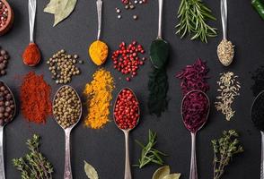 Several types of spices in metal spoons paprika, tomatoes, curry, beets, cumin, turmeric, fennel, spirulina photo