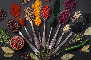 Several types of spices in metal spoons paprika, tomatoes, curry, beets, cumin, turmeric, fennel, spirulina photo