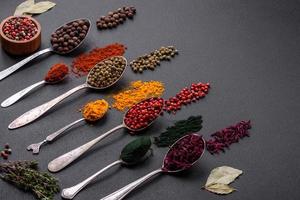 Several types of spices in metal spoons paprika, tomatoes, curry, beets, cumin, turmeric, fennel, spirulina photo