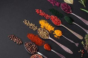 Several types of spices in metal spoons paprika, tomatoes, curry, beets, cumin, turmeric, fennel, spirulina photo