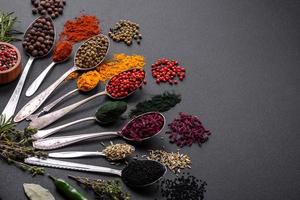 Several types of spices in metal spoons paprika, tomatoes, curry, beets, cumin, turmeric, fennel, spirulina photo