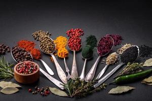 varios tipos de especias en cucharas de metal paprika, tomates, curry, remolacha, comino, cúrcuma, hinojo, espirulina foto