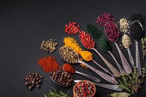 Several types of spices in metal spoons paprika, tomatoes, curry, beets, cumin, turmeric, fennel, spirulina photo