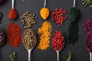 Several types of spices in metal spoons paprika, tomatoes, curry, beets, cumin, turmeric, fennel, spirulina photo