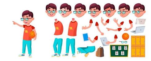 Boy Schoolboy Kid Vector. Primary School Child. Animation Creation Set. Auditorium. Friendship. Pose, Beauty. For Cover, Placard Design. Face Emotions, Gestures. Animated. Isolated Illustration