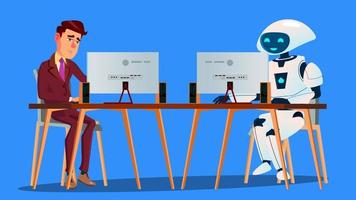 Working Robot Vs Tired Businessman Working On Computer Vector. Isolated Illustration vector