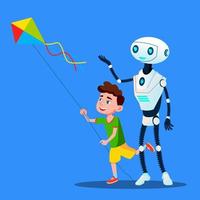 Robot With Child Fly A Kite Vector. Isolated Illustration vector