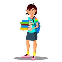 Smiling Asian Girl Student Holding Books In Hand Vector. Isolated Illustration vector