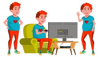 Three kids playing computer game at home 368367 Vector Art at Vecteezy