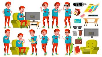 Teen Boy Poses Set Vector. Red Head. Fat Gamer. Fun, Cheerful. For Web, Poster, Booklet Design. Isolated Cartoon Illustration vector