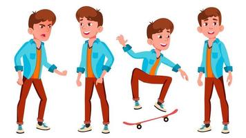 Teen Boy Poses Set Vector. Caucasian, Positive. For Presentation, Print, Invitation Design. Isolated Cartoon Illustration vector