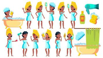 Teen Girl Poses Set Vector. Black. Afro American. Friends, Life. For Presentation, Invitation, Card Design. Isolated Cartoon Illustration vector