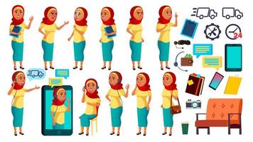 Arab, Muslim Teen Girl Poses Set Vector. Friendly, Cheer. Online Helper, Consultant. For Banner, Flyer, Brochure Design. Isolated Cartoon Illustration vector