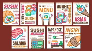 rollo de sushi alimentos carteles promocionales set vector