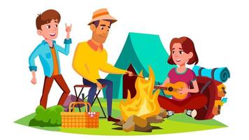 Teenagers Sitting Around Campfire And Have Fun Vector. Isolated Illustration vector