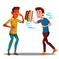 Young Guy Throwing A Cake In The Face Of A Friend For Joke Vector. Isolated Illustration vector