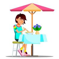 Teen Girl Eating Chinese Noodles Vector. Isolated Illustration vector