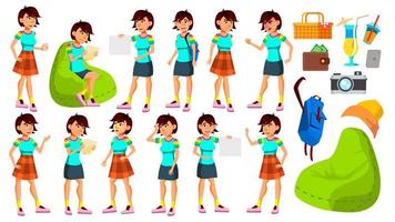 Asian Teen Girl Poses Set Vector. Funny, Friendship. For Advertisement, Greeting, Announcement Design. Isolated Cartoon Illustration vector