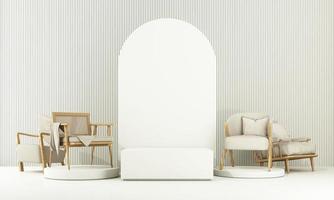 Interior of the room in plain monochrome light yellow color with chair and armchair. Light background with copy space. 3D rendering for web page, presentation or product design photo