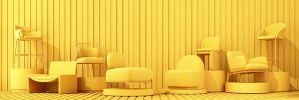 interior de la habitación en color amarillo claro monocromático liso con silla y sillón. fondo claro con espacio de copia. Representación 3d para diseño de página web, presentación o producto. foto