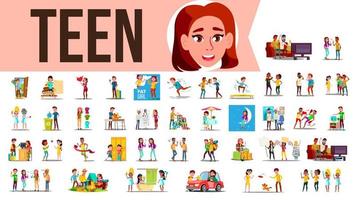 Teen Set Vector. Teenager Spending Time Together At Home, Outdoor. Girl, Guy. Lifestyle Situations. Cartoon Illustration vector