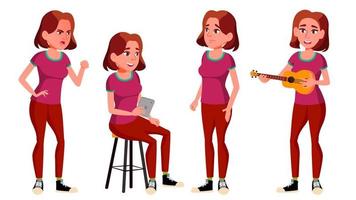 Teen Girl Poses Set Vector. Positive Person. For Postcard, Cover, Placard Design. Isolated Cartoon Illustration vector