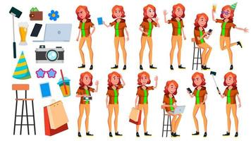 Teen Girl Poses Set Vector. Caucasian, Positive. For Presentation, Print, Invitation Design. Isolated Cartoon Illustration vector
