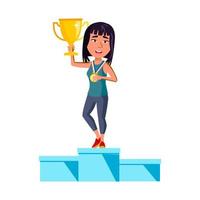 Teen Girl Holding Golden Cup And Medal Vector