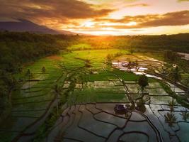 morning view in indonesia with green rice mountain at sunrise shining bright photo